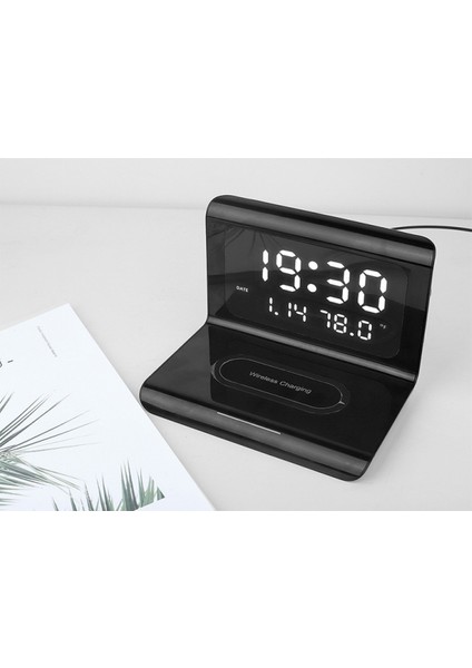 Yaratıcı Dijital Alarmlı Saat, Saat Kablosuz Hızlı Şarj, Çok Fonksiyonlu Üçü Bir Arada Cep Telefonu Kablosuz Şarj Alarmlı Saat Siyah (Yurt Dışından)