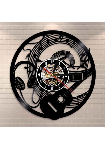 Müzik Vinil Plak Duvar Saati - Gitar Kulaklığı Desenli Vinil Duvar Saati - Vinil Saat - Oturma Odası Duvar Dekoru - Müzik Severler Için Eşsiz Hediyeler (Yurt Dışından)