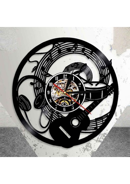 Müzik Vinil Plak Duvar Saati - Gitar Kulaklığı Desenli Vinil Duvar Saati - Vinil Saat - Oturma Odası Duvar Dekoru - Müzik Severler Için Eşsiz Hediyeler (Yurt Dışından)