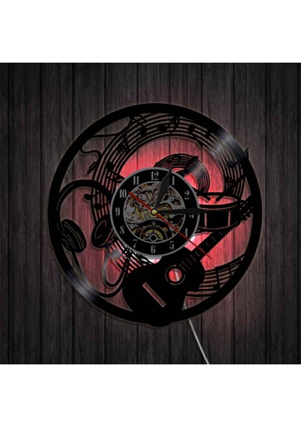 Müzik Vinil Plak Duvar Saati - Gitar Kulaklık Desenli LED Işıklı Duvar Saati - Vinil Saat - Oturma Odası Duvar Dekoru - Müzik Severler Için Benzersiz Hediyeler (Yurt Dışından)