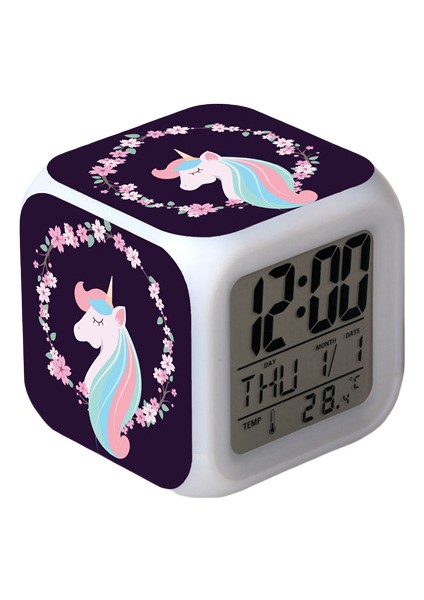 Wekity Unicorn Renkli Çalar Saat LED Kare Saat Zaman, Sıcaklık, Alarm, Tarih ile Dijital Çalar Saat (Yurt Dışından)