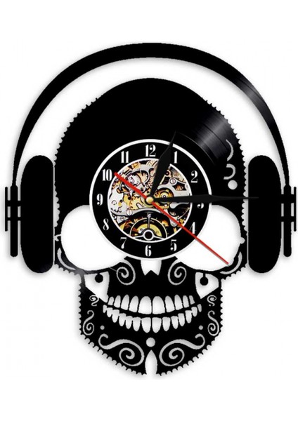 Müzik Vinil Plak Duvar Saati - Kulaklıklı Kafatası Vinil Duvar Saati - Vinil Saat - Oturma Odası Duvar Dekoru - Müzik Aşığı Için Eşsiz Hediyeler (Yurt Dışından)