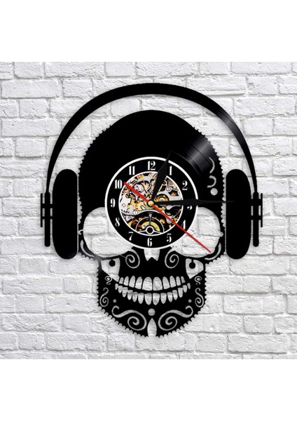 Müzik Vinil Plak Duvar Saati - Kulaklıklı Kafatası Vinil Duvar Saati - Vinil Saat - Oturma Odası Duvar Dekoru - Müzik Aşığı Için Eşsiz Hediyeler (Yurt Dışından)