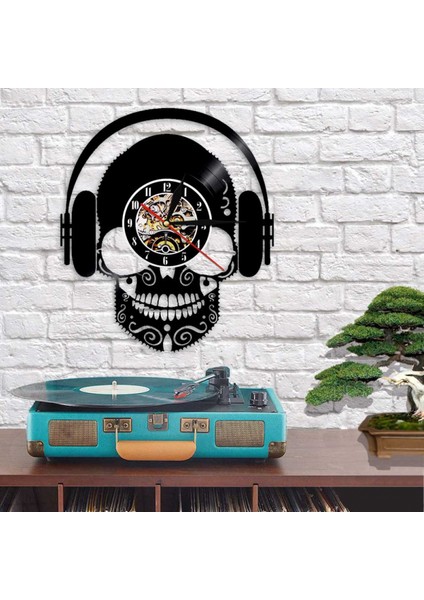 Müzik Vinil Plak Duvar Saati - Kulaklıklı Kafatası Vinil Duvar Saati - Vinil Saat - Oturma Odası Duvar Dekoru - Müzik Aşığı Için Eşsiz Hediyeler (Yurt Dışından)