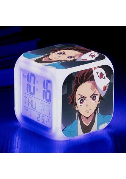 Wekity Anime Ghost Slayer Renkli Çalar Saat LED Kare Saat Zaman, Sıcaklık, Alarm, Tarih ile Dijital Çalar Saat (Yurt Dışından)