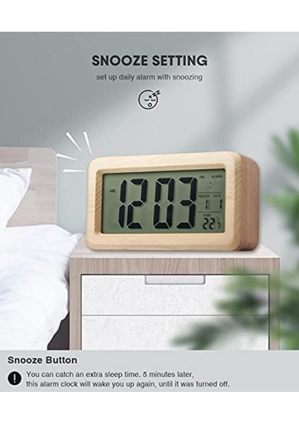Pille Çalışan Ahşap Ledli Dijital Çalar Saat, Akıllı Sensör Ertelemeli Gece Lambası, Tarih, Sıcaklık, 12/24 Saat Değiştirilebilir, (Ahşap) (Yurt Dışından)
