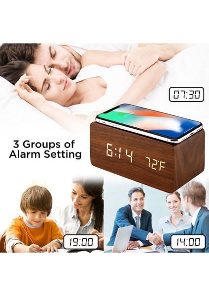 Qi Kablosuz Şarj Pedli Ahşap Çalar Saat iPhone Samsung ile Uyumlu Ahşap LED Dijital Saat Ses Kontrol Fonksiyonu, Saat Tarihi, Yatak Odası Ofis Ev Için Sıcaklık Göstergesi - Kahverengi (Yurt Dışından)