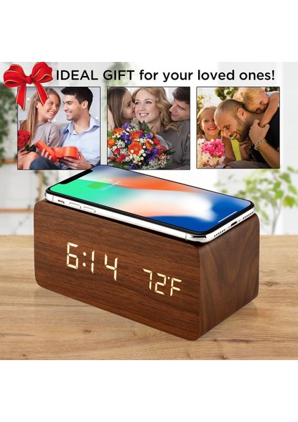 Qi Kablosuz Şarj Pedli Ahşap Çalar Saat iPhone Samsung ile Uyumlu Ahşap LED Dijital Saat Ses Kontrol Fonksiyonu, Saat Tarihi, Yatak Odası Ofis Ev Için Sıcaklık Göstergesi - Kahverengi (Yurt Dışından)