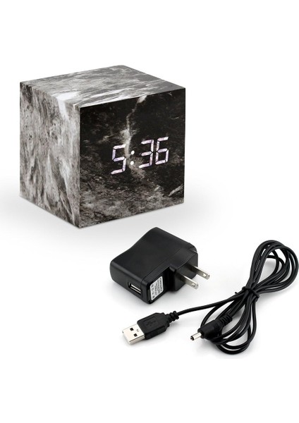 Mermer Desenli Çalar Saat, USB Güç Kaynağı, Ses Kontrolü, Zamanlayıcı, Termometre ile Moda Çok Fonksiyonlu LED Çalar Saat Küpü - Siyah (Yurt Dışından)