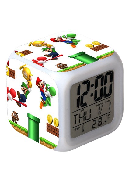 Wekity Süper Mario Renkli Çalar Saat LED Kare Saat Zaman, Sıcaklık, Alarm, Tarih ile Dijital Çalar Saat (Yurt Dışından)
