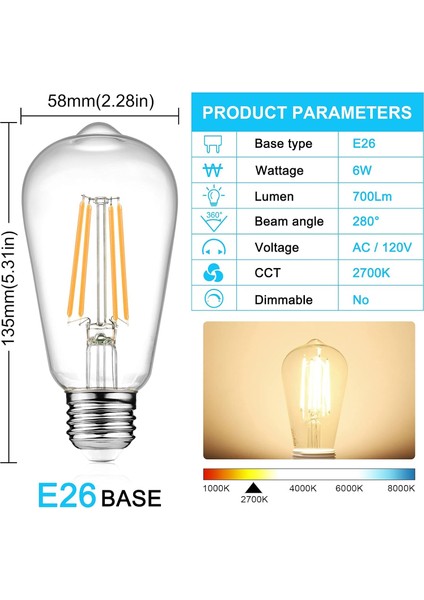 Vintage LED Edison Ampuller 6W, Eşdeğer 60W Akkor, Sıcak Beyaz 2700K, 80+ Crı'lı ST58 Antika LED Filament Ampuller, E26 Orta Taban, Kısılabilir, Şeffaf Cam, 6'lı Paket (Yurt Dışından) modelleri