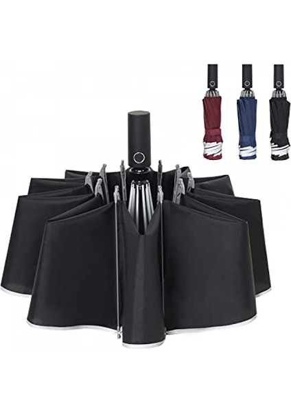 Rüzgar Geçirmez Ters Şemsiye Kompakt, Baş Aşağı Yağmur Için Ters Katlanır Şemsiyeler, Araba Seyahat Şemsiyesi Otomatik Açma ve Kapama - Siyah (Yurt Dışından)