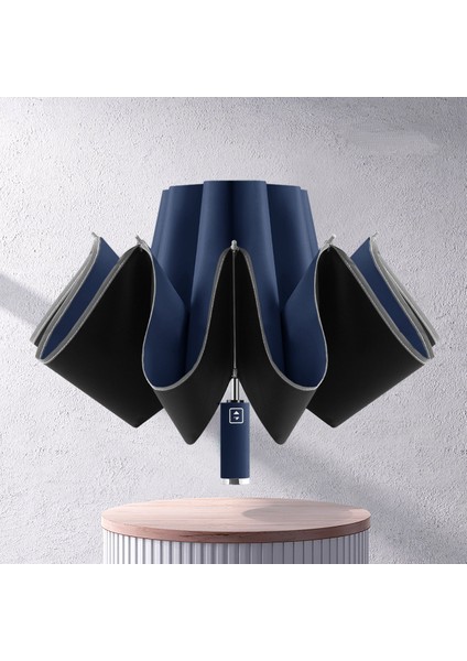 Lacivert Rüzgar Geçirmez Şemsiye Ters Katlanır Şemsiye Su Geçirmez Ters Seyahat Şemsiyesi Otomatik Açma ve Kapama Gece Yansıtıcı Şeritlerle Anti-Uv (Yurt Dışından)