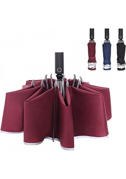 Rüzgar Geçirmez Ters Şemsiye Kompakt, Baş Aşağı Yağmur Için Ters Katlanır Şemsiyeler, Araba Seyahat Şemsiyesi Otomatik Açma ve Kapama - Kırmızı Şarap (Yurt Dışından)