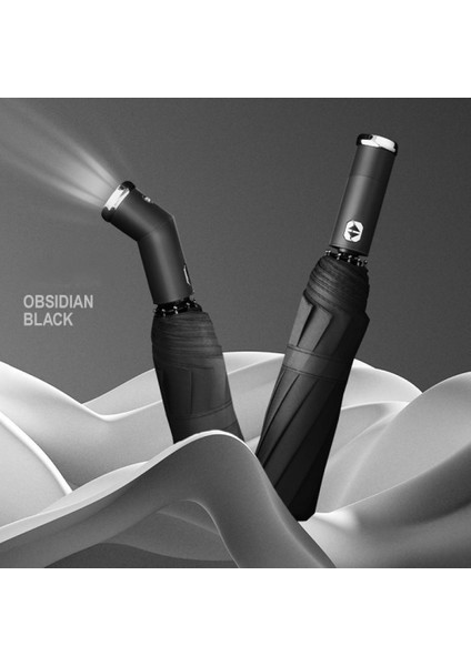 El Feneri - Siyah LED Işıklı 10 Kemik Otomatik Şemsiye Gece Üçe Katlanmış Vinil Şeffaf Şemsiye Işıklı Şemsiye Güneş Şemsiyesi (Yurt Dışından)