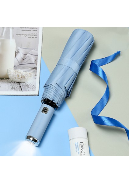 El Feneri - Açık Mavi LED Işıklı 10 Kemik Otomatik Şemsiye Gece Üçe Katlanmış Vinil Şeffaf Şemsiye Işıklı Şemsiye Güneş Şemsiyesi (Yurt Dışından)