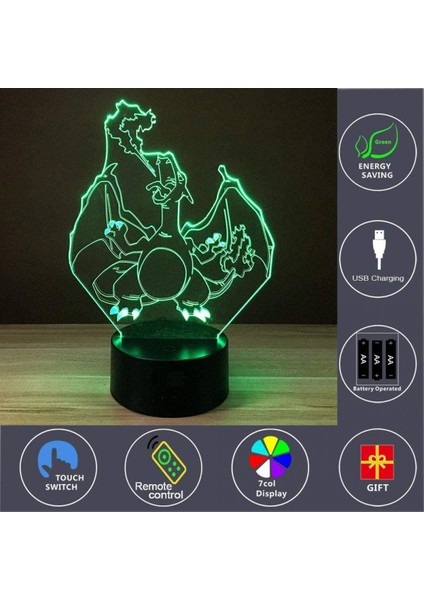 3D Optik Illüzyon Charizard Gece Oyuncak Lambası, Uzaktan Kumanda, Kısılabilir, Veya USB ile Çalışan, 7 Renk Değişimi Erkek Kız Bebek Için Noel Doğum Günü Hediyesi (Yurt Dışından)