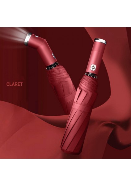 El Feneri - Şarap Kırmızısı LED Işık ile 10 Kemik Otomatik Şemsiye Gece Üç Katlı Vinil Şeffaf Şemsiye Işıklı Şemsiye Güneş Şemsiyesi (Yurt Dışından)