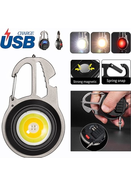 USB Şarj Edilebilir Mini Çok Fonksiyonlu El Feneri Cob Çalışma Işığı, 7 Aydınlatma Modu ile 3 Renk Şişe Açacağı Mini Tornavida Anahtarı Cam Kırıcı (Yurt Dışından)