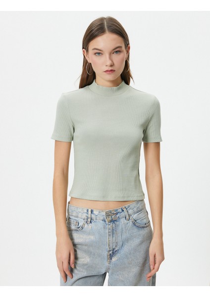 Balıkçı Yaka Crop Tişört Slim Fit Kısa Kollu Kaşkorse Pamuklu modelleri