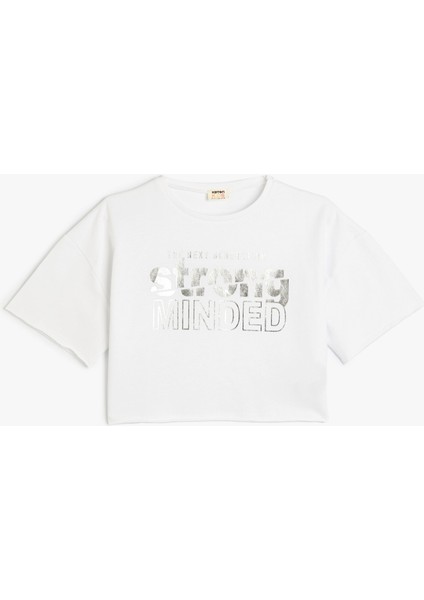 Crop Oversize Tişört Slogan Baskılı Kısa Kollu Bisiklet Yaka Pamuklu
