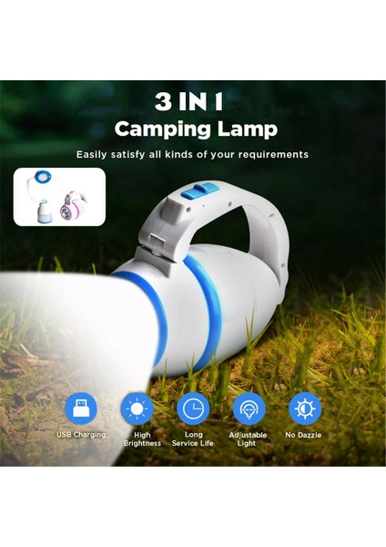 3'ü 1 Arada Çok Fonksiyonlu LED Kamp Işığı USB Şarjlı Dış Mekan Lambası El Feneri (Yurt Dışından)