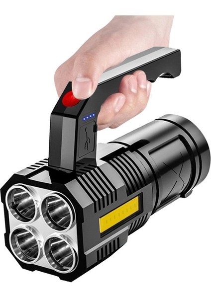 Yüksek Güçlü Led+Cob El Feneri USB Şarj Edilebilir Dört Kafalı Güçlü Su Geçirmez El Feneri Iç Mekan/dış Mekan Acil Durum Işığı (Yurt Dışından)
