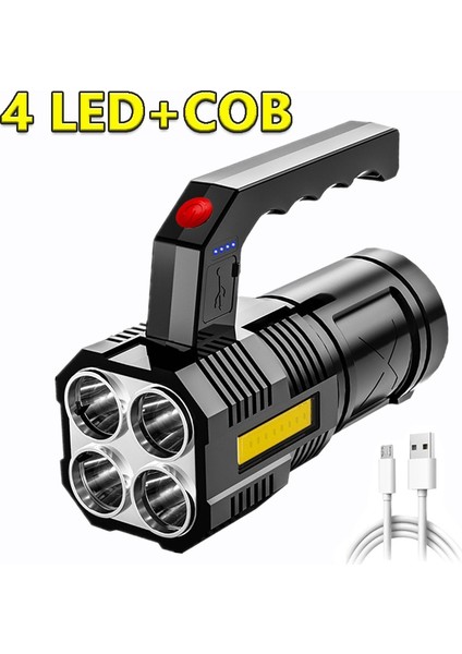 Yüksek Güçlü Led+Cob El Feneri USB Şarj Edilebilir Dört Kafalı Güçlü Su Geçirmez El Feneri Iç Mekan/dış Mekan Acil Durum Işığı (Yurt Dışından)