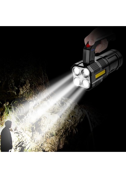 Yüksek Güçlü Led+Cob El Feneri USB Şarj Edilebilir Dört Kafalı Güçlü Su Geçirmez El Feneri Iç Mekan/dış Mekan Acil Durum Işığı (Yurt Dışından)