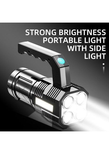 Yüksek Güçlü Led+Cob El Feneri USB Şarj Edilebilir Dört Kafalı Güçlü Su Geçirmez El Feneri Iç Mekan/dış Mekan Acil Durum Işığı (Yurt Dışından)