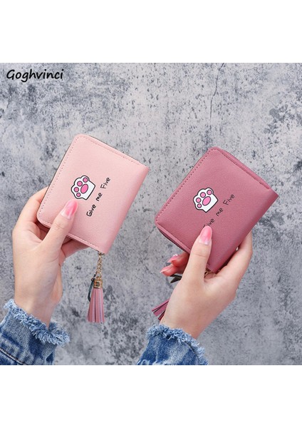 Mini Fermuar Cüzdan Kadın Karikatür Baskılı Kawaii Pu Deri Küçük Para Çantası Çanta Katlanabilir Depolama Püskül Gençler Kart Tutucu (Yurt Dışından)