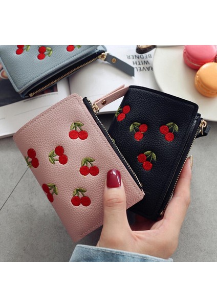 Moda Kadın Kızlar Küçük Cüzdan Küçük Pu Deri Kiraz Nakış Bozuk Para Cüzdanı Kart Sahipleri Bayan Kız Mini Para Çantası (Yurt Dışından)