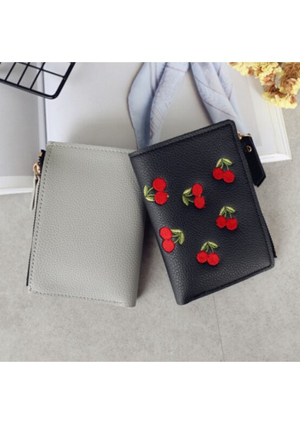 Moda Kadın Kızlar Küçük Cüzdan Küçük Pu Deri Kiraz Nakış Bozuk Para Cüzdanı Kart Sahipleri Bayan Kız Mini Para Çantası (Yurt Dışından)