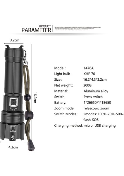 XHP70 LED 5 Modlu Karartma Yüksek Parlaklık USB Şarjlı El Feneri (Yurt Dışından)
