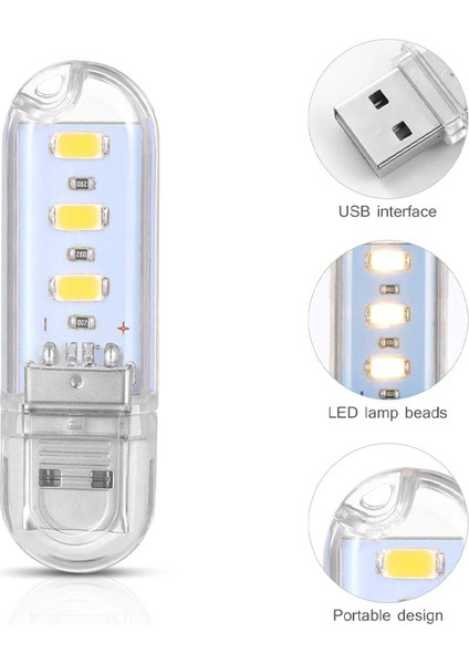 Güncelçarşı 2 Adet Taşınabilir 3 LED USB Lamba, Mini Gece Lambası, Kitap Okuma Lambası, Loş Ortam Işığı
