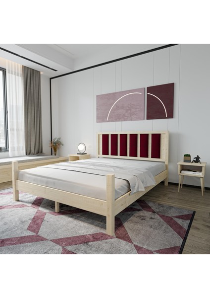 Orion Model Bordo Puflu Başlıklı Doğal Çam Ahşap Karyola
