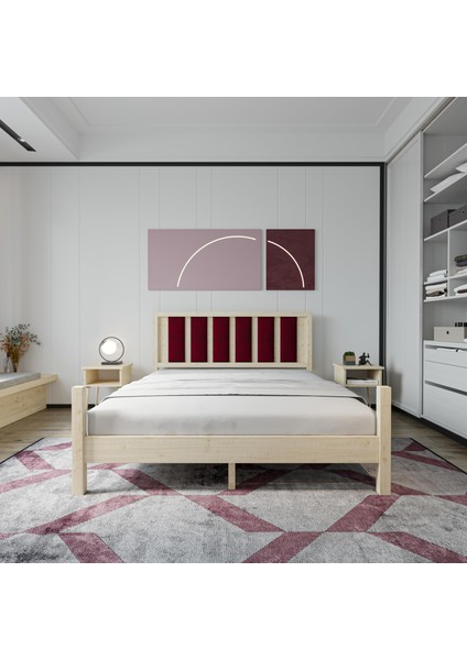 Orion Model Bordo Puflu Başlıklı Doğal Çam Ahşap Karyola