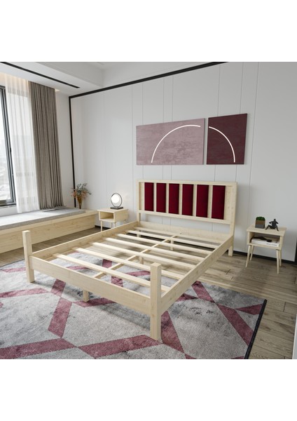 Orion Model Bordo Puflu Başlıklı Doğal Çam Ahşap Karyola