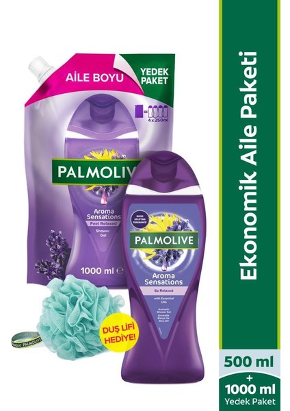 Aroma Sensations Feel Relaxed Duş Jeli 1000 Ml, Palmolive Duş Jeli 500 ml + Duş Lifi