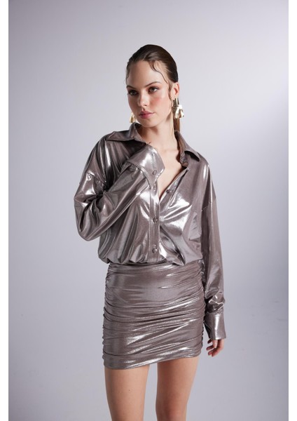 Parlak Kumaş Büzgülü Gömlek Yaka Mini Regina Elbise Vizon modelleri