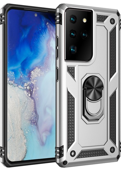 Samsung Galaxy S21 Ultra 5g-Silver Için Ring Kickstand ile Hibrid Pc+Tpu Anti-Drop Telefon Kabuğu (Yurt Dışından)