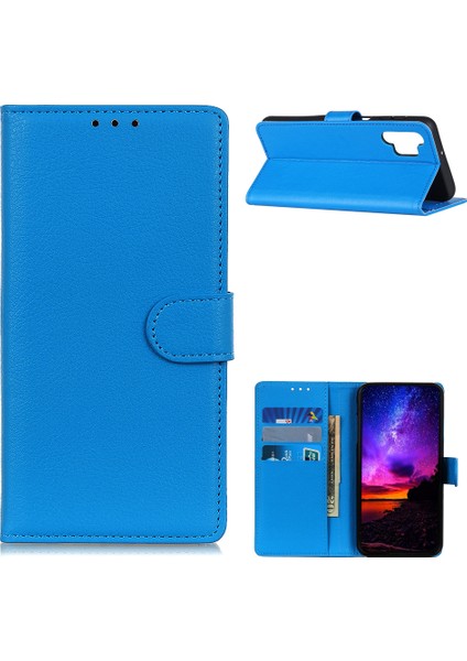 Samsung Galaxy A32 5G/M32 5g Classic Litchi Doku Deri Telefon Kılıfı Cüzdan+Stand-Blue (Yurt Dışından)