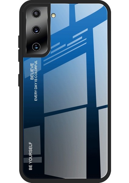 Samsung Galaxy S21 Artı 5g-Mavi/siyah Için Tpu Kenarı+Renk Gradyan Deseni Temperli Cam Kasa (Yurt Dışından)