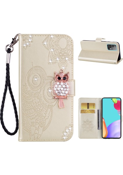 Baykuş Izi Rinestone Dekor Cüzdan Deri Kapak Samsung Galaxy A52 4G/5G/A52S 5g Stand Kabuk-Gold (Yurt Dışından)