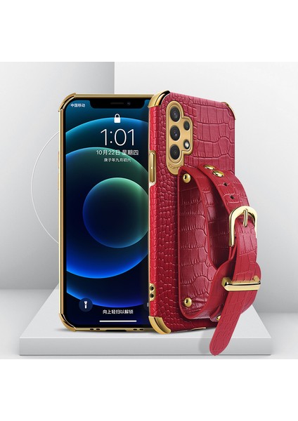 Bilek Kayış Tasarımı 6d Elektroklokan Timsah Pu Derisi Kaplamalı Tpu Telefon Geri Kılıf Samsung Galaxy A32 5G/M32 5g-Kırmızı (Yurt Dışından)