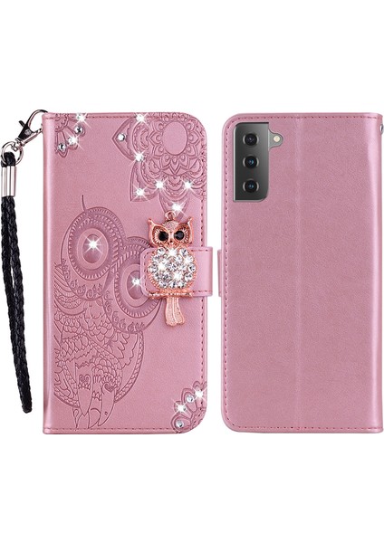 Baykuş Izi Rinestone Dekor Cüzdan Deri Kapak Samsung Galaxy S21 Fe-Rose Altın (Yurt Dışından)