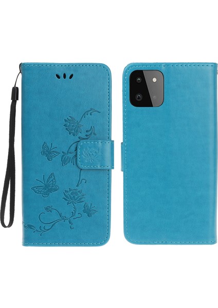 Cüzdan Tasarımı Şık Kelebek Çiçekleri Deri Telefon Kapağı Samsung Galaxy A22 5g (Ab Versiyonu) -Blue Için (Yurt Dışından)