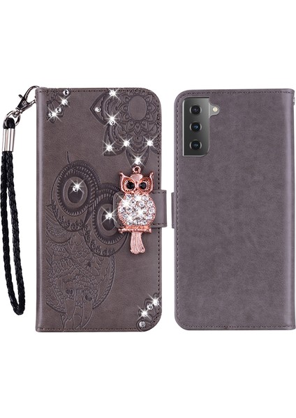 Baykuş Izi Rinestone Dekor Cüzdan Deri Kapak Samsung Galaxy S21 Fe-Grey (Yurt Dışından)
