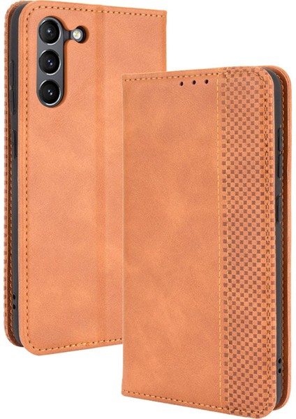 Manyetik Toka Vintage Stil Tpu+Deri Telefon Kasası Cüzdan Samsung Galaxy S21 Fe-Brown (Yurt Dışından)