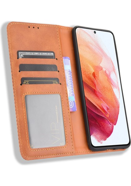Manyetik Toka Vintage Stil Tpu+Deri Telefon Kasası Cüzdan Samsung Galaxy S21 Fe-Brown (Yurt Dışından) indirimleri